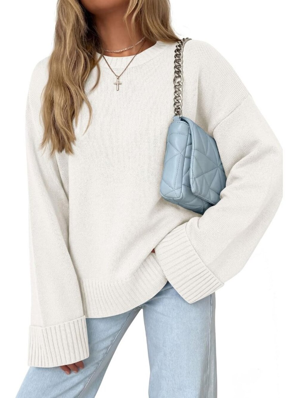 Women's White Crewneck Long Sleeve Solid Ribbed Knit Top Oversized Fall Sweater